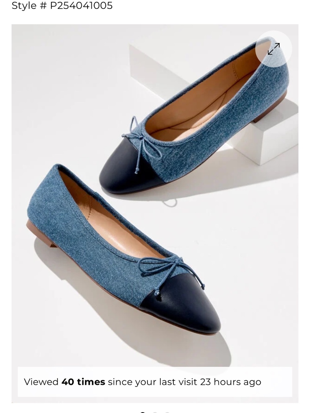 NWT Talbots Denim Blue Pointed-Toe Ballet Flats with Black Cap Toe